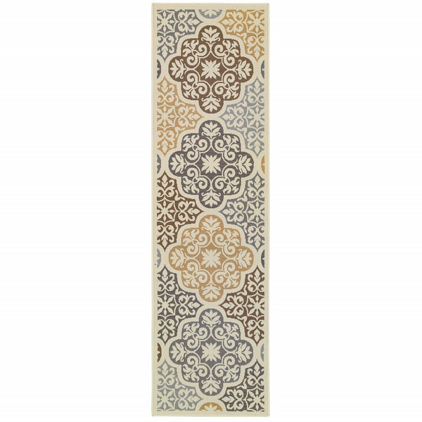 3' x 5' Ivory Grey Floral Medallion Indoor Outdoor Area Rug