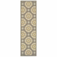 9' x 13' Grey Gold Floral Medallion Discs Indoor Outdoor Area Rug