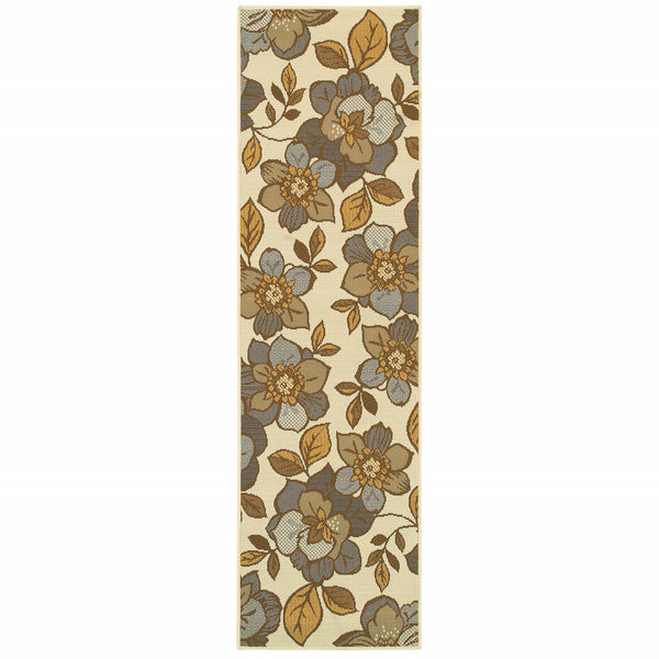 5' x 8' Ivory Gray Large Floral Blooms Indoor Outdoor Area Rug
