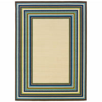 7' Round Ivory Mediterranean Blue and Lime Border Indoor Outdoor Area Rug