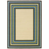7' Round Ivory Mediterranean Blue and Lime Border Indoor Outdoor Area Rug