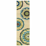 8' Ivory Indigo and Lime Medallion Disc Indoor Outdoor Runner Rug