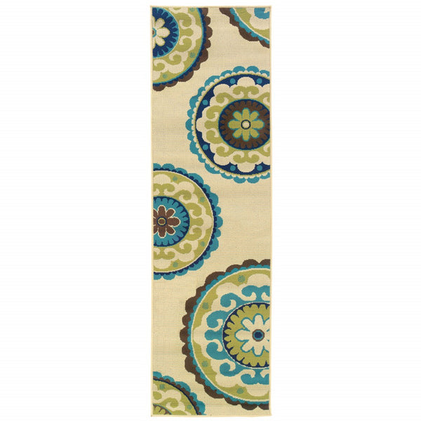 8' Ivory Indigo and Lime Medallion Disc Indoor Outdoor Runner Rug