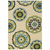 8' Ivory Indigo and Lime Medallion Disc Indoor Outdoor Runner Rug