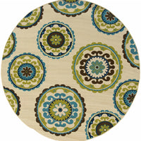 8' Ivory Indigo and Lime Medallion Disc Indoor Outdoor Runner Rug