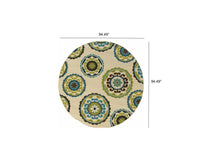 8' Ivory Indigo and Lime Medallion Disc Indoor Outdoor Runner Rug