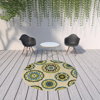 8' Ivory Indigo and Lime Medallion Disc Indoor Outdoor Runner Rug