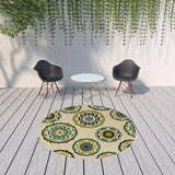 8' Ivory Indigo and Lime Medallion Disc Indoor Outdoor Runner Rug