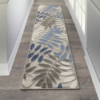 2? x 6? Gray and Blue Leaves Indoor Outdoor Runner Rug