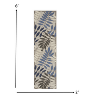 2? x 6? Gray and Blue Leaves Indoor Outdoor Runner Rug