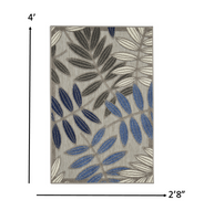 3? x 4? Gray and Blue Leaves Indoor Outdoor Area Rug