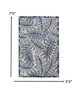 5? x 7' Ivory and Navy Leaves Indoor Outdoor Area Rug