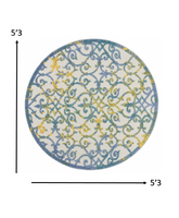 5? Round Ivory and Blue Indoor Outdoor Area Rug