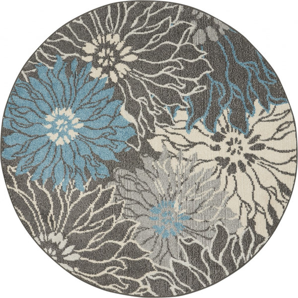 5? x 7? Charcoal and Blue Big Flower Area Rug