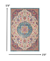 5? x 7? Pink and Blue Floral Medallion Area Rug