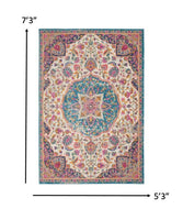 5? x 7? Pink and Blue Floral Medallion Area Rug