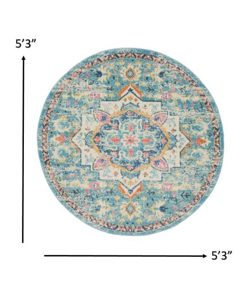 5? Round Light Blue and Ivory Distressed Area Rug