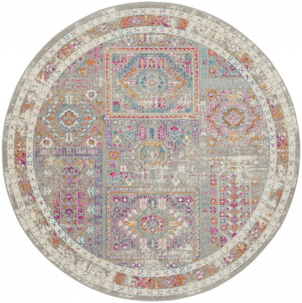 8? Round Gray Distressed Ornamental Area Rug