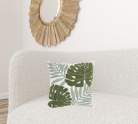 Green and Ivory Tropical Leaves Throw Pillow
