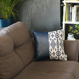 Bisected Eclectic Patterns and Spruce Blue Faux Leather Lumbar Pillow Cover