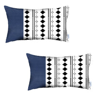 Set of 2 Diamond Patterns and Navy Blue Faux Leather Lumbar Pillow Covers