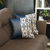 Set of 2 Half Bohemian Patterns and Prussian Blue Faux Leather Lumbar Pillow Covers