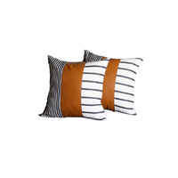 Set of 2 Monochromic Stripe Ends and Brown Faux Leather Lumbar Pillow Covers