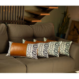 Set of 4 Gray and White Geo with Faux Leather Lumbar Pillow Covers