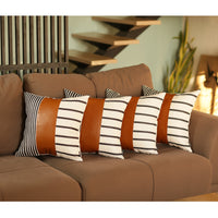 Set of 4 Blue and White Stripes with Faux Leather Pillow Covers