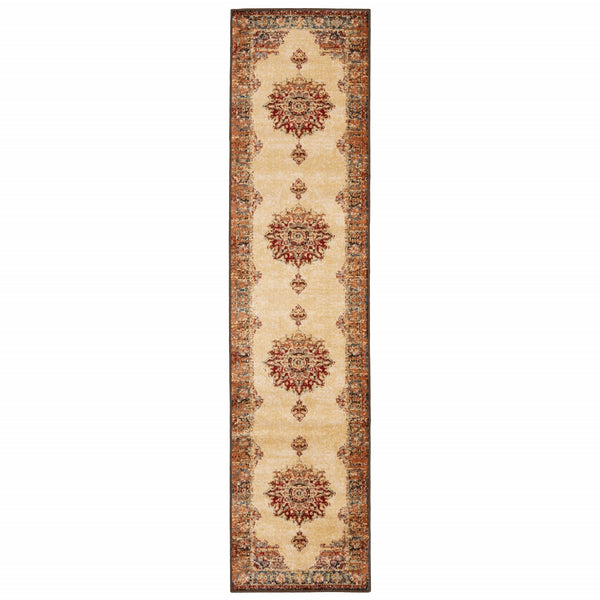 2? x 8? Gold and Orage Floral MedallionRunner Rug