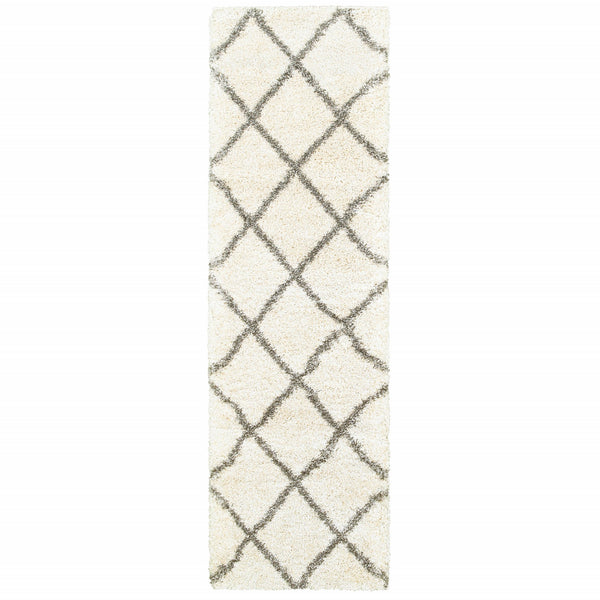 2? x 8? Ivory and Gray Geometric Lattice Runner Rug