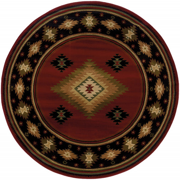 8? Round Red and Beige Ikat Pattern Area Rug