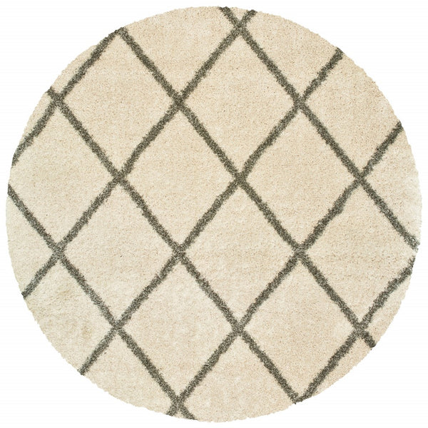 8? Round Ivory and Gray Geometric Lattice Area Rug