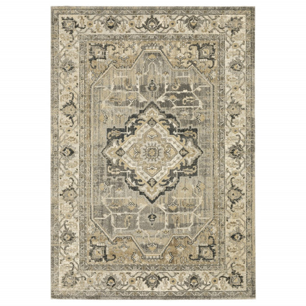 2? x 8? Beige and Gray Traditional Medallion Indoor Runner Rug