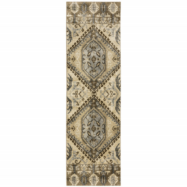 2? x 8? Tan and Gold Central Medallion Indoor Runner Rug