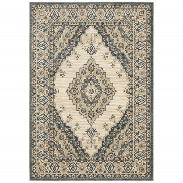 5? x 7? Vintage Beige and Blue Indoor Area Rug