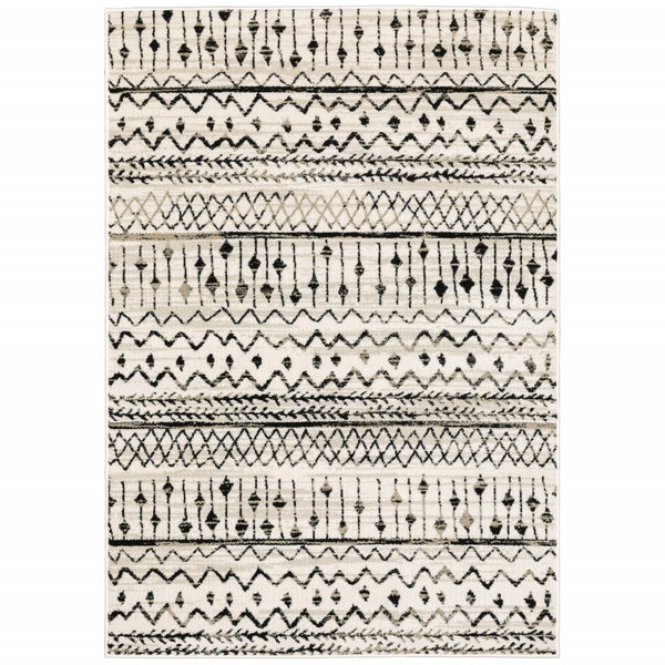 7? x 9? Ivory and Black Eclectic Patterns Indoor Area Rug