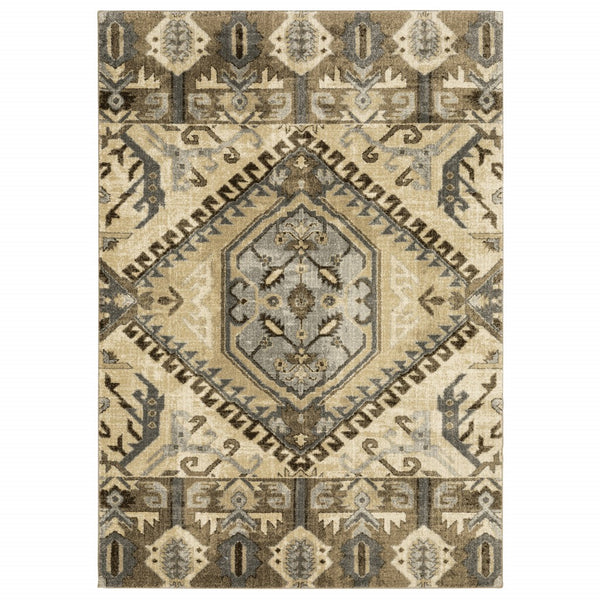 8? x 11? Tan and Gold Central Medallion Indoor Area Rug