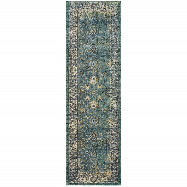 2? x 8? Peacock Blue and Ivory Indoor Runner Rug