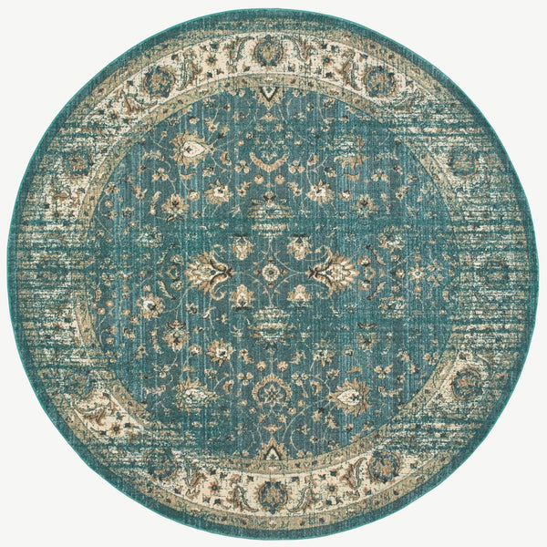 8? Round Peacock Blue and Ivory Indoor Area Rug