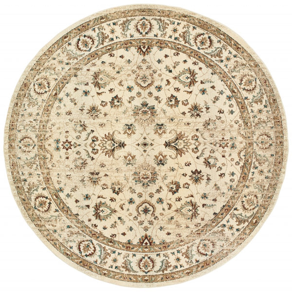 8? Round Ivory and Gold Distressed Indoor Area Rug