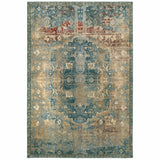 7? x 10? Sand and Blue Distressed Indoor Area Rug