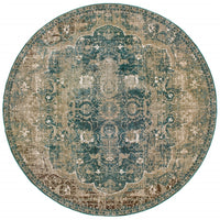8? Round Sand and Blue Distressed Indoor Area Rug