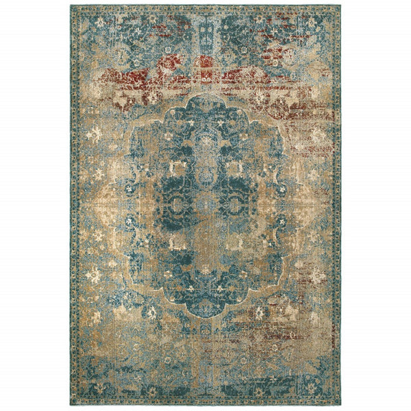 10? x 13? Sand and Blue Distressed Indoor Area Rug