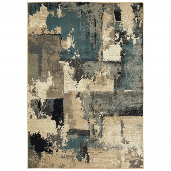 7? x 9? Beige and Blue Block Indoor Area Rug