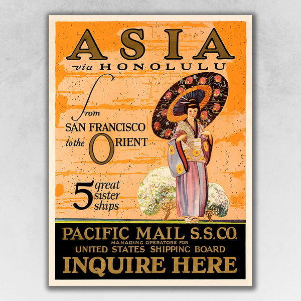 24" x 32" Asia via Honolulu Vintage Travel Wall Art