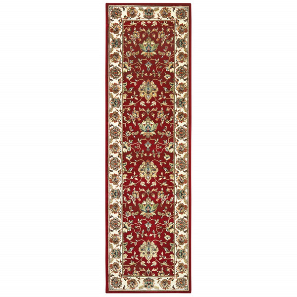 8' Red Ivory Machine Woven Floral Oriental Indoor Runner Rug