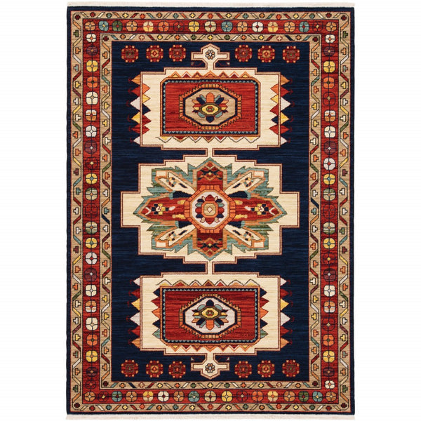 6' x 9' Blue Red Machine Woven Medallions Indoor Area Rug