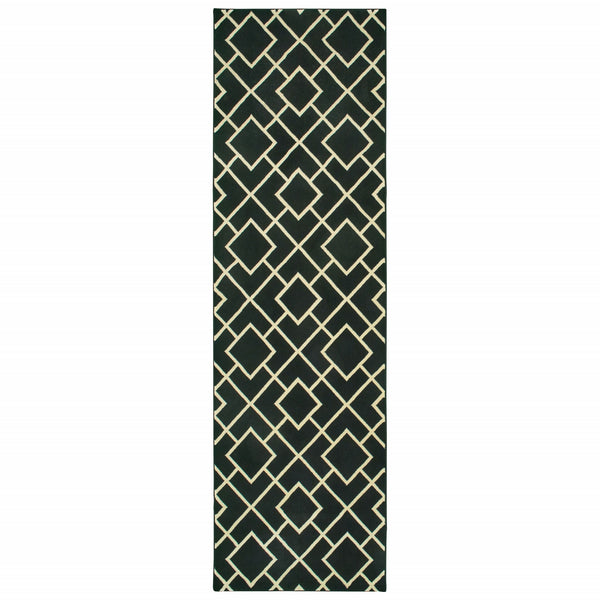 8' Black Ivory Machine Woven Geometric Diamonds Indoor Runner Rug