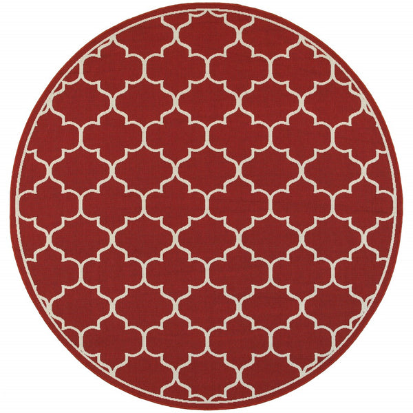 8? Round Red and Ivory Trellis Indoor Outdoor Area Rug